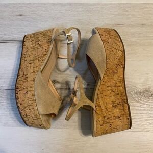 SCHUTZ Tan Cork and Suede Ankle Strap Platform Sandal, Size 8.5B